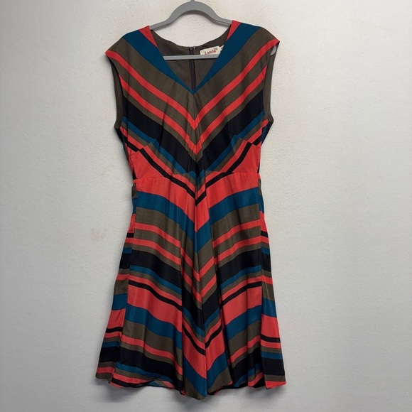 Louche Duchess Dress XL Midi Stripe V neck A Line Pink Retro - Picture 1 of 7